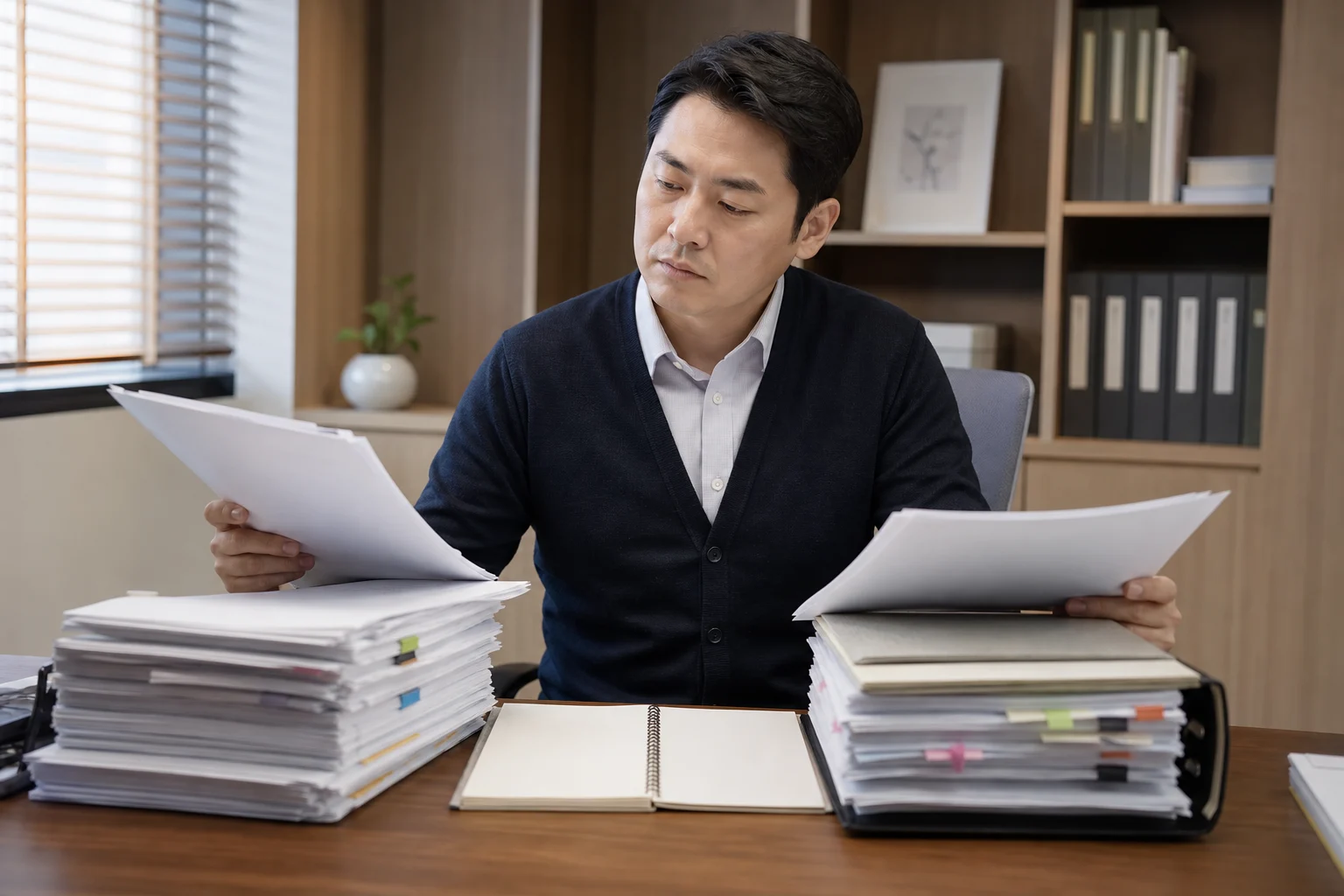 음주운전 면허취소 감경 기준 관련 서류와 일정을 정리하는 장면